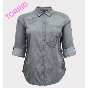 TORRID TAYLOR - DARK GREY DENIM HEART BUTTON FRONT RELAXED FIT SHIRT